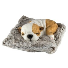Statuina cane Bulldog cucciolo che dorme su letto peloso lunga 4,75" resina nuova con scatola!