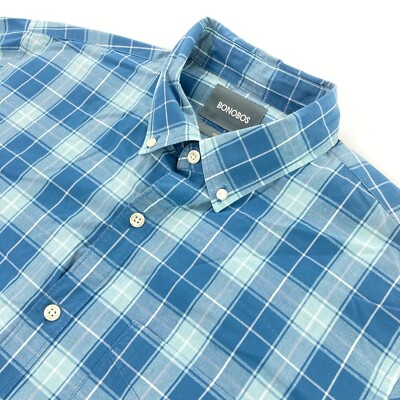 Bonobos Men's Slim Fit Cotton L/S Button Shirt Blue Check   Slim Fit   Large