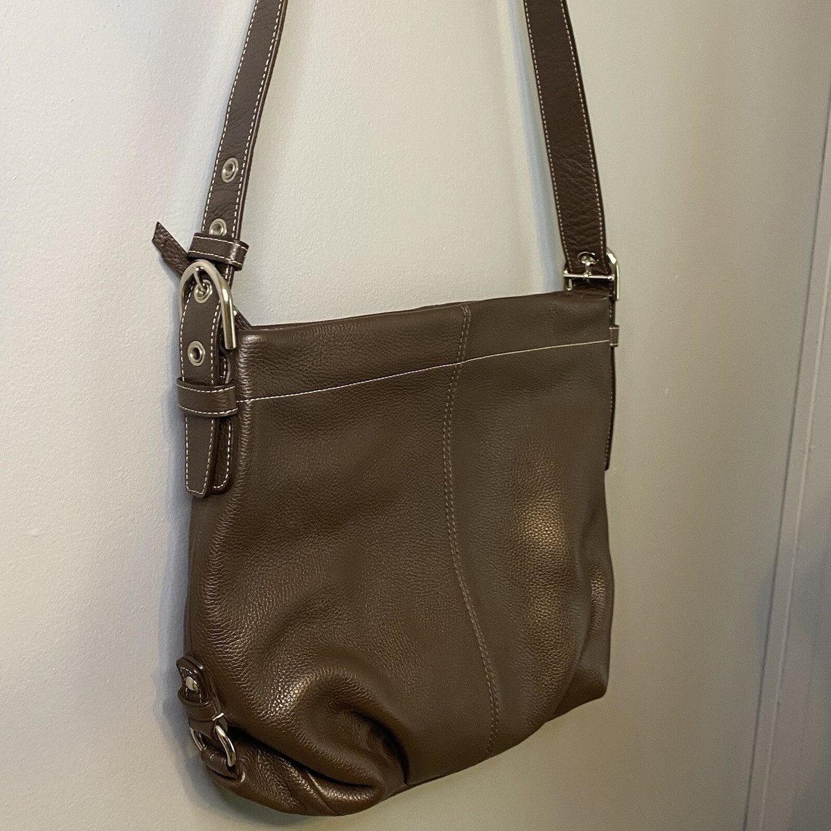 Vintage Coach Pebbled Brown Leather Large Crossbody Tote Bag