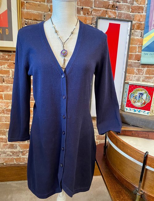 Isaac Mizrahi Navy Blue Curved Hem Button Front Cardigan Sweater NWT