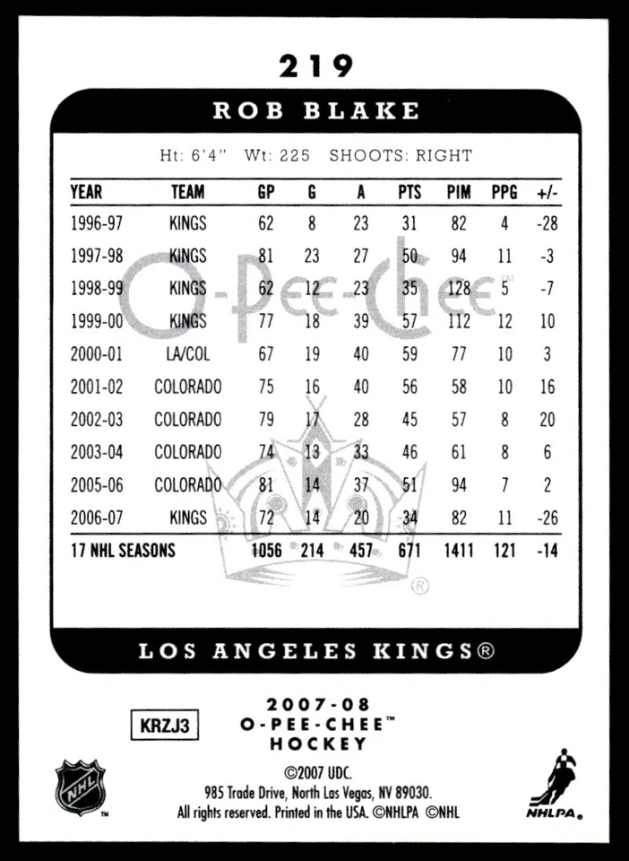 2007-08 O-Pee-Chee Micromotion Rob Blake Los Angeles Kings #219 - Image 2 of 2