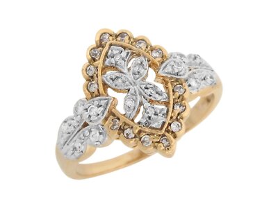 10k or 14k Two Tone Gold White CZ Antique Style Intricate Details Ladies Ring