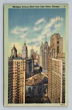 Chicago IL Michigan Avenue North view from Lake Street Vtg Postcard Linen c1946