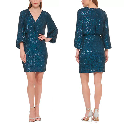 white christmas dresses Eliza J Sparkly Long Sleeve V-neck Cocktail Dress EJ1M8812