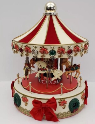 RARE 17'' DELUXE CHRISTMAS CAROUSEL-Lights & Music -  Red & White - BEAUTIFUL!!