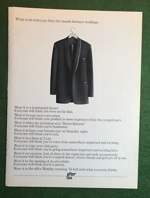 vintage 1970s magazine ad AFTER SIX Tuxedo elegant black tie men's fashion