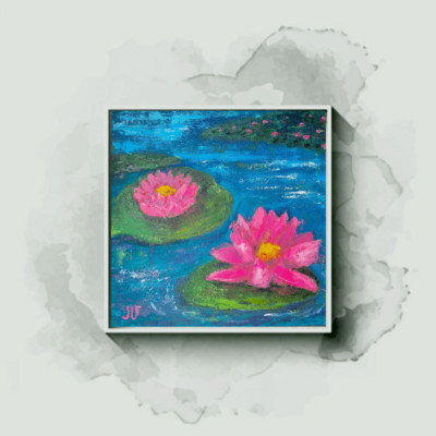 Pink Water Lily Oil Painting | Original 16x16 in Impasto Wall Art | Pond Flowers