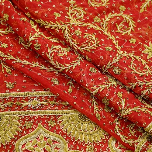 Vintage Heavy Bridal Dupatta Red Pure Chiffon Silk Long Stole Hand Embroidered - Picture 12 of 24
