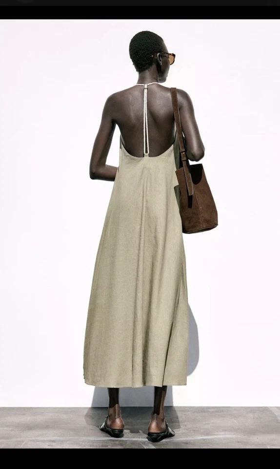 Zara Beige Linen Maxi Dress M Regular Strappy Sleeveless V-Neck Backless - Image 4 of 4