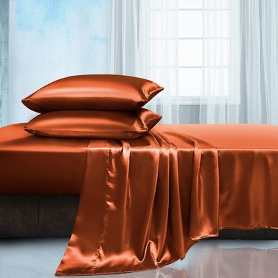 Satin King Sheets Set - 4 Piece Soft Silky Sheets, Rust Orange Bed Sheets - C...