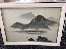 Original Large DAVID LEE 1975 Landscape Painting on Silk Framed 42x30 Great Cond