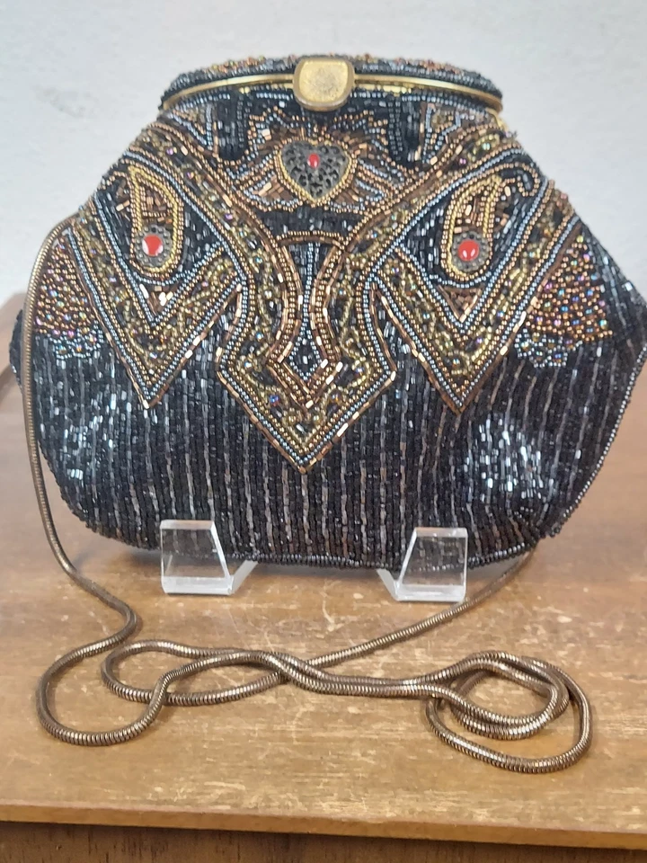 Винтажный La Regale шикарный черный бисером вечер сумка цепочка ремень ручной работы 6,5 «T 8» W