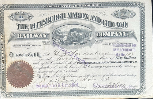 The Pittsburgh, Ft. Wayne and Chicago Railway Company Stock Certificate 1886