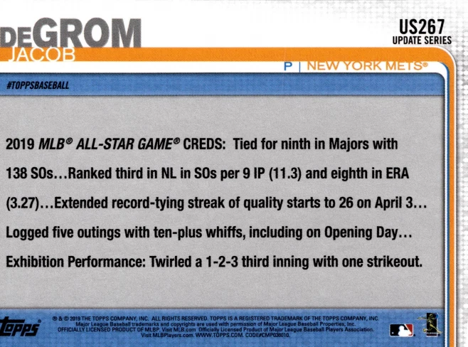 2019 Topps Update Series Jacob deGrom #US267 - Image 2 of 2