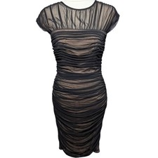 Tadashi Shoji Black Nude Ruched Shirred Mesh Dress Size Small