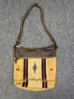 Myra Southwestern Aztec Print Shoulder Bag Purse Leather & Canvas Yellow 