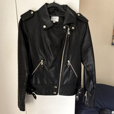 Warehouse Women’s Black Faux Leather Biker Jacket S Asym Zip Buckle Pockets