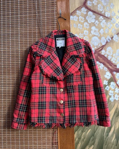 Giacca denim vintage anni 90 Moschino Jeans rosso tartan frange taglia 12 Made in Italy