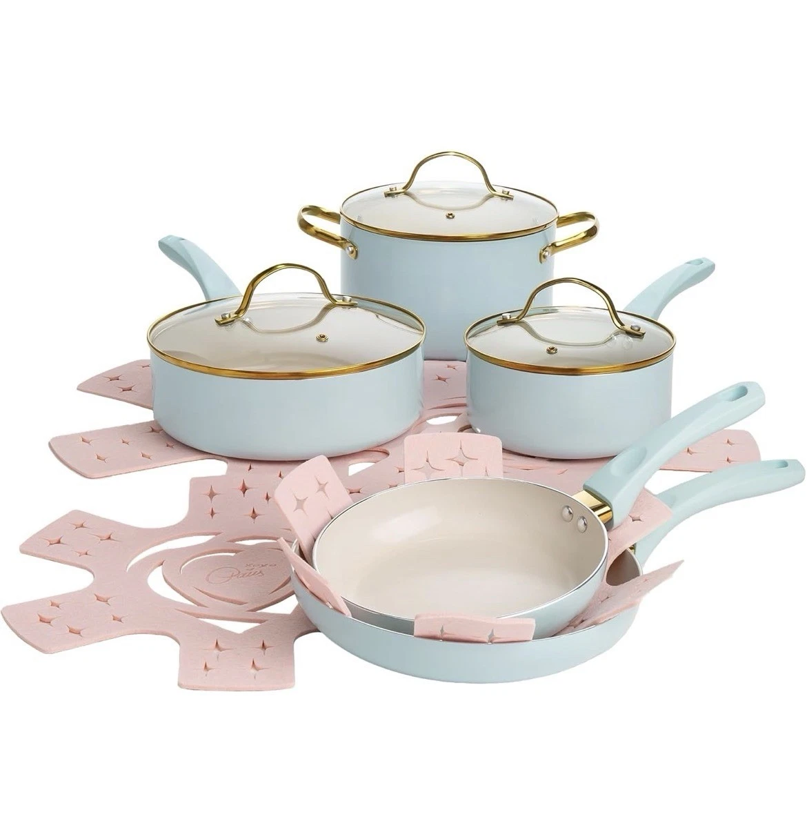 Paris Hilton Pots and Pans Set Multi Layer Coating With Glass Lids Color Aqua