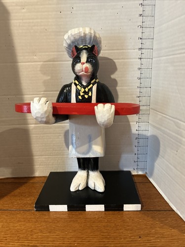 CAT Chef Hand Carved Painted Folk Art  Greeter Key Card Book Holder OOAK Kitsch
