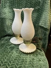 Gorgeous Matching Set Vintage Milk Glass Hobnail Lamps w/Hurricane Shades Works!