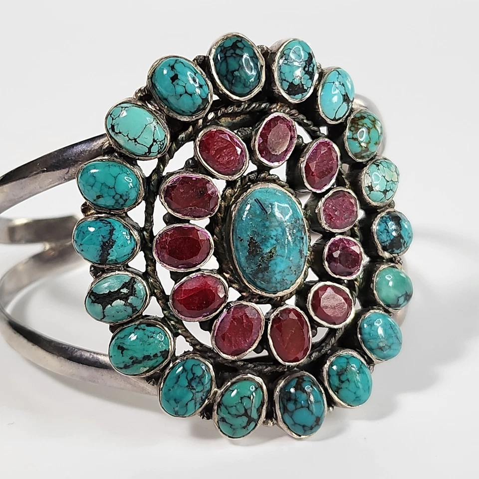 Vintage Sterling Silver Cluster SunBurst Turquoise & Ruby Cuff Bracelet - Image 2 of 4