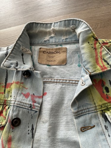 Vintage Y2K CARBON Graffiti Cropped Denim Jacket Sz M Wmns Distressed 80s Hobo - Picture 6 of 13