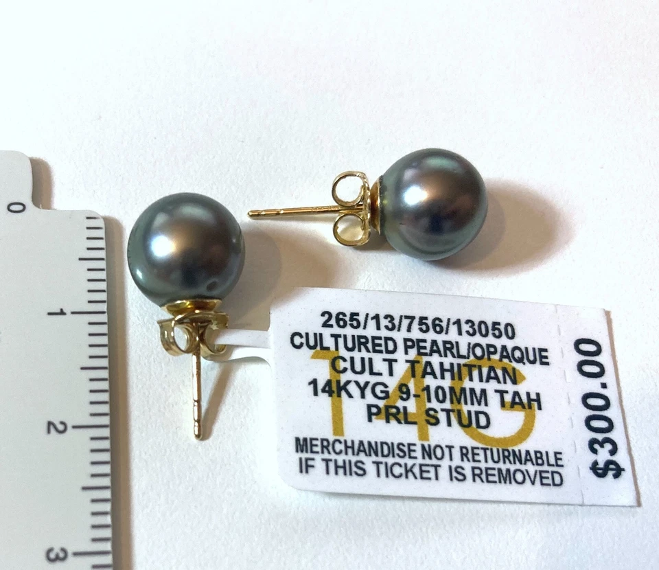PENDIENTES MACY'S PERLAS TAHITIANAS CULTIVADAS NEGRAS 9 MM ORO 14K NUEVOS PRECIO DE VENTA SUGERIDO POR EL FABRICANTE $300 Foto 2 de 4