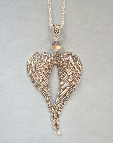 Large Guardian Angel Wings Silver Crystal Pendant 32" Long Chain Necklace - Picture 1 of 6