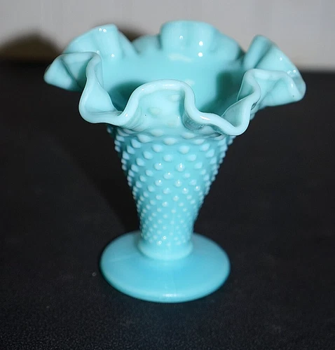 Vintage Fenton Hobnail Turquoise Milk Glass Ruffled Edge Trumpet Vase  (A1)