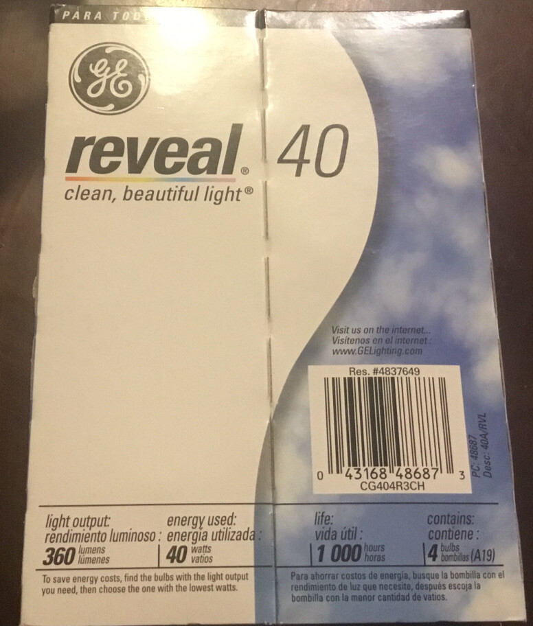GE Reveal 40 Watt 4 Pack Light Bulbs Color Enhanced Full-Spectrum 