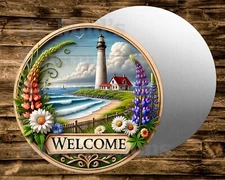 PRETTY LIGHTHOUSE WELCOME   Metal Round Sign for Wreath, Crafts, miniatures