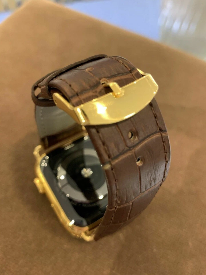 44mm Apple Watch Series 4 Stainless Steel Custom 24K Gold Plated Brown Leather B - Image 4 of 4