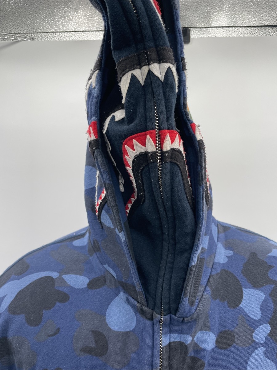 A Bathing Ape BAPE Navy Blue Camo Shark Wide Full Zip Double Hoodie Size  2XL | eBay