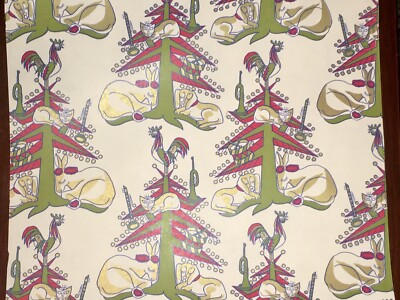 VTG CHRISTMAS 1960 FUNKY RETRO WRAPPING PAPER 2 YARDS CAT DOG ROOSTER MUSIC TREE