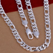 Mens 925 Sterling Silver 12mm Figaro Cuban Link Chain 20" Necklace DN64