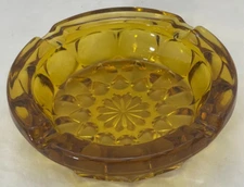 Vintage Amber Cigar Ashtray Large 6" Round Sunburst Heavy Thick Cut Glass