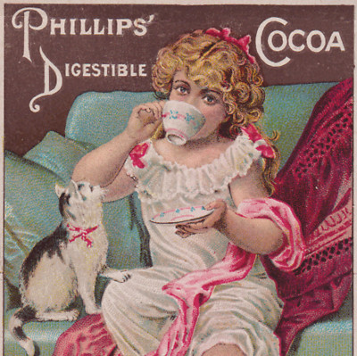 PHILLIPS' DIGESTIBLE COCOA CHOCOLATE TRADE CARD, GIRL & AN INTERESTED CAT  K649
