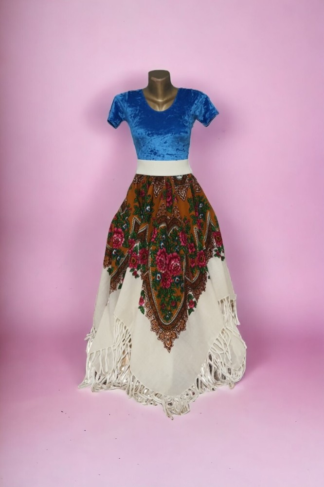 Traditional folk midi skirt with floral embroidery, gypsy Ukrainian folkloric design  