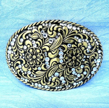 Western Floral Scroll Belt Buckle Ornate Rhinestones Cowboy Cowgirl Vtg .DBD270
