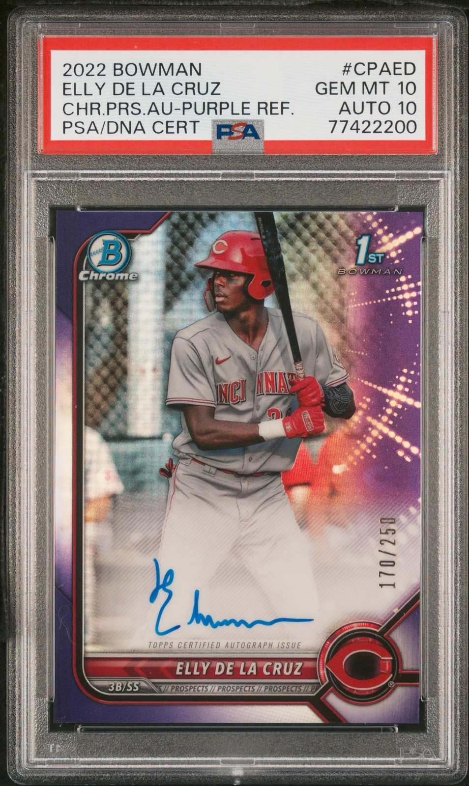 Elly De La Cruz 2022 Bowman Chrome Prospect Purple Auto 170/250 #CPAED PSA 10
