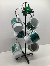 Metal Coffee Cup Tree 6 Blue & Green Floral Stackable Mugs Cups Japan Flowers