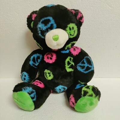 Build A Bear Bear Plush 14'' Black Multicolor Peace Sign Smiley Face 