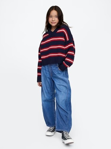 New Gap Kid Girl Navy Striped Oversized Sweater V-Neck Long Sleeve CashSoft Sz 8 - Picture 3 of 6