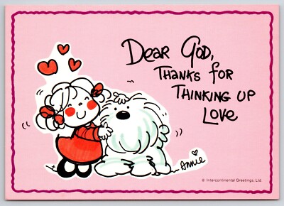 Dear God Thanks For Thinking Up Love Girl Hugging Dog Annie Postcard UNP 6x4
