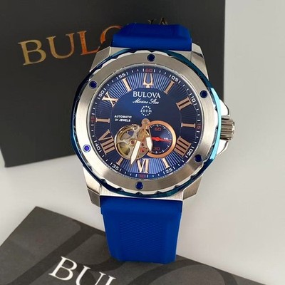Bulova Marine Star Blue Dial Silicone Strap Men's Automatic Watch 98A282 45 mm