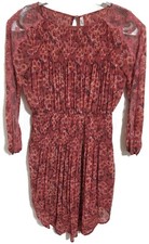 Free People Dress Womens Medium Orange Floral Chiffon Fit & Flare Pleated Boho