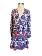 Bell By Alicia Bell Evelyn Dress XS Blue Pink Smocked Floral Mini Tassels