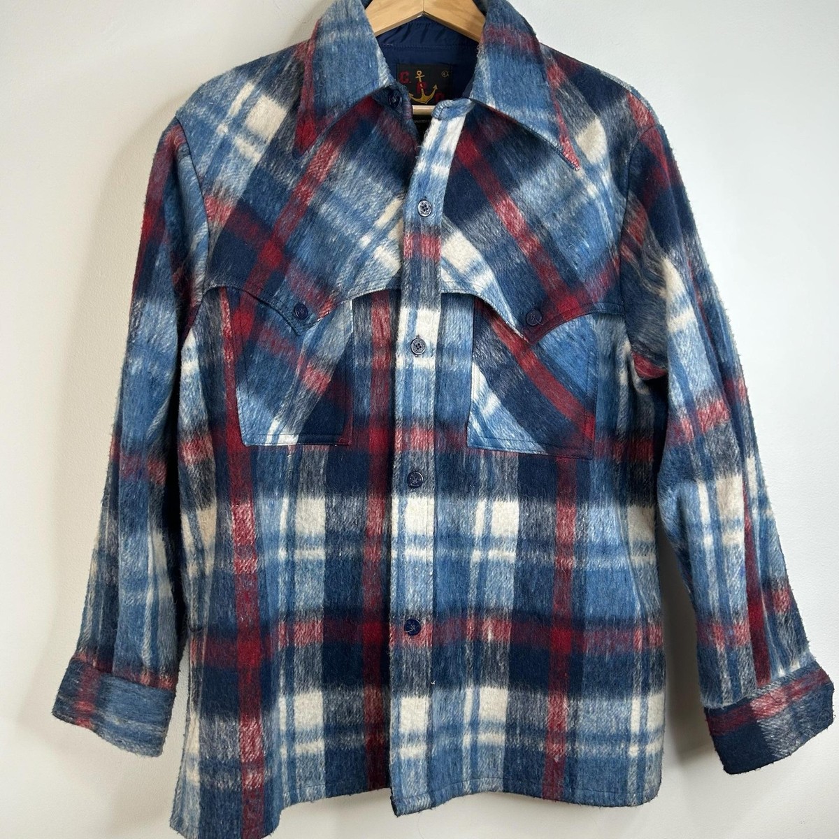 Vintage CPO Jacket Mens Large Blue Red Plaid Wool Blend Lined