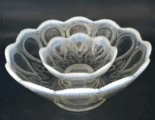 Northwood Opalescent Ruffle Glass EAPG Fruit Bowl Set Scroll Acanthus Pattern